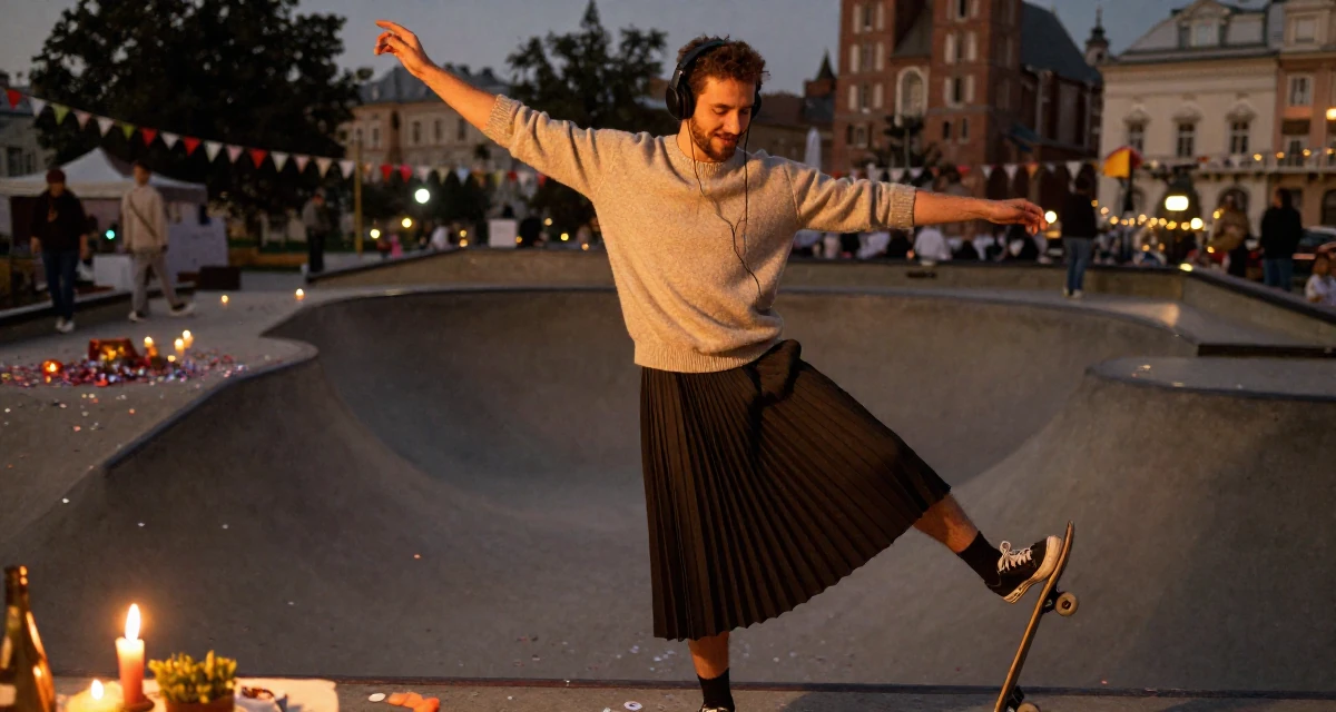 A relaxed and happy male From Kraków Poland, studied emotional choreography in contemporary dance in their 30, standing tall with unshakeable dignity, wearing a soft cashmere sweater and a pleated midi skirt, listening to music with headphones in a skate park.