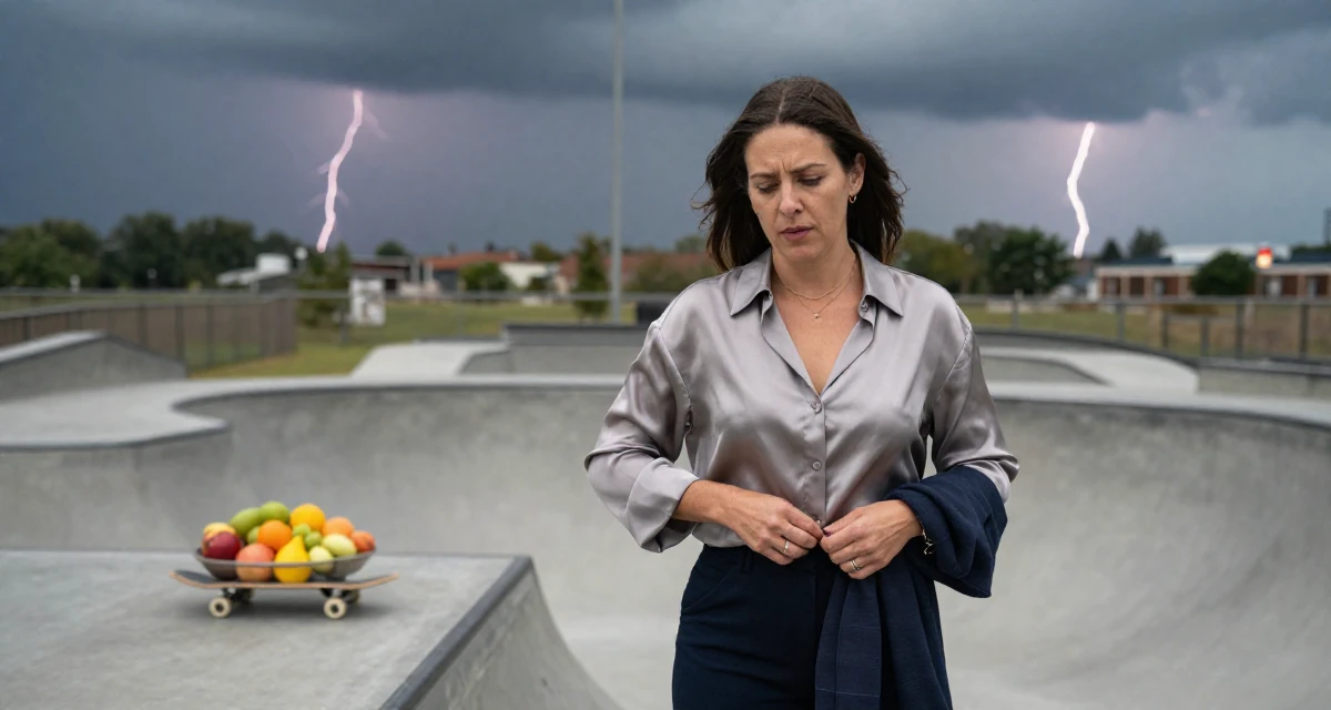 A melancholic Female From United States, majored in forestry studies in their 49, savvy investor sharing retirement planning tips, wearing a silk blouse with oversized cuffs, buttoning up a jacket in a skate park.