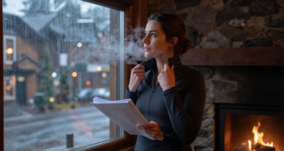 A ethereal Female From USA, has a background in real estate in their 25, stabilizing monthly income and planning long-term strategy, wearing a modern tech-wear inspired look, carrying a stack of documents in a ski lodge fireplace.