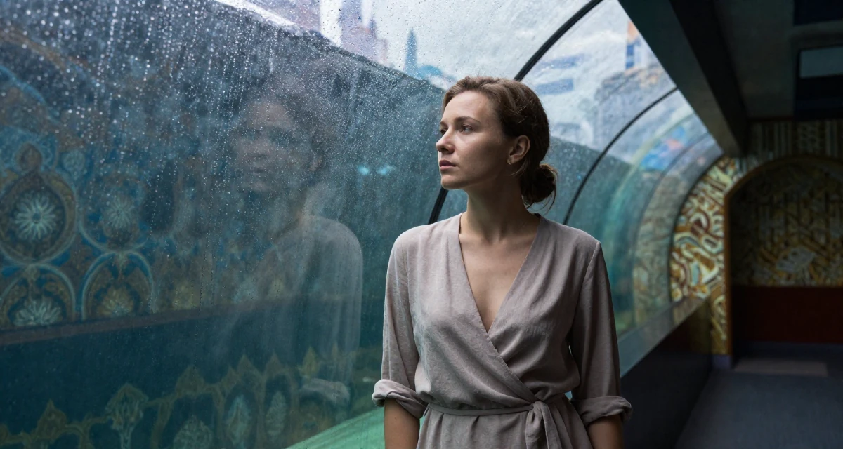 A proud and dignified Female From Russia, studied digital media at a vocational school in their 23, staring pensively out a rain-streaked window, wearing a wrap blouse with a deep neckline, rolling up sleeves in a aquarium tunnel.