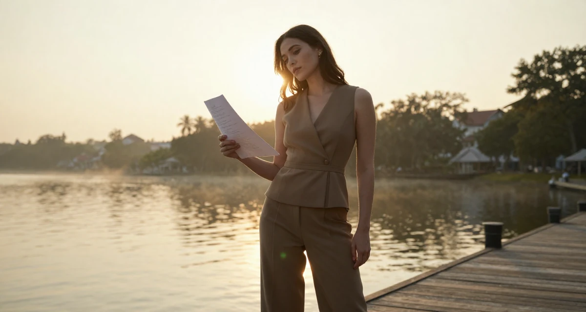 A calm Female From Malaysia, based in Malacca, graduated from a creative college majoring in sensual composition design in their 25, experimenting with niche themes to stand out, wearing a fitted waist coat and wide leg trousers, holding a piece of paper in a serene lakeside dock.