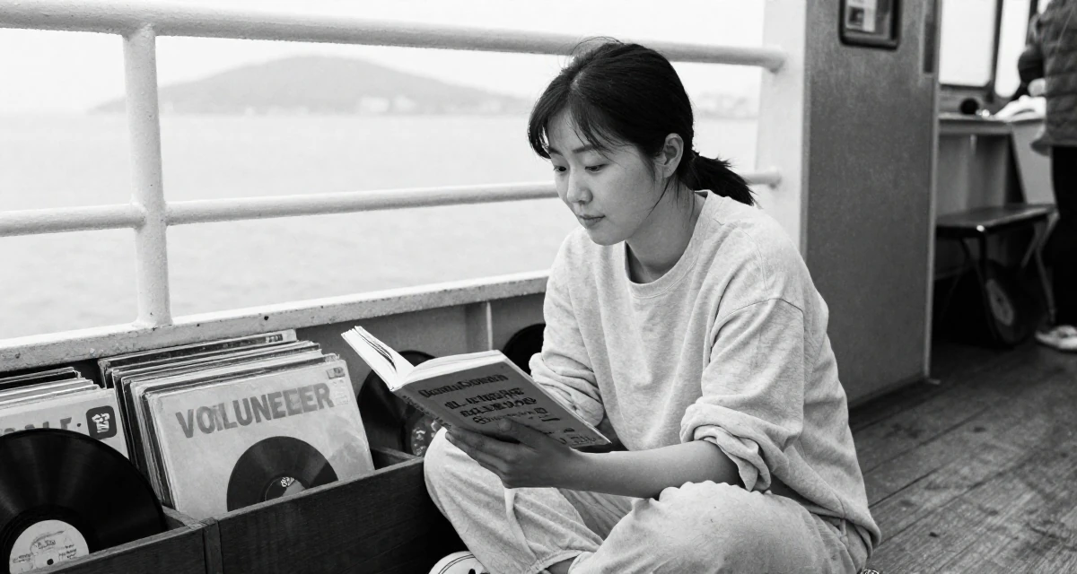 A aloof but intriguing Female From Busan South Korea, trained at a private dance academy in their 41, finding joy in volunteering and community, wearing a soft organic cotton clothing, reading a book intently in a ferry deck.