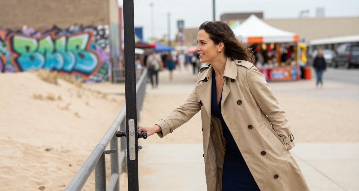 A friendly Female From Canada, studied hospitality management in their 39, recently moved to a new city, wearing a classic trench coat worn over a business dress, pushing a door open in a desert sand dunes.