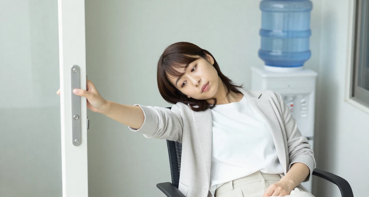 A exhausted Female From Japan, majored in mechanical engineering in their 24, navigating office politics for the first time, wearing a clean, neutral-toned casual outfit, pushing a door open in a front porch.