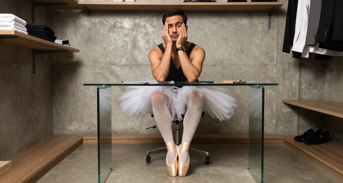 A melancholic male From Bangladesh, based in Chittagong, graduated from a technical college majoring in graphic design in their 34, ex-corporate lawyer turned yoga instructor, wearing a ballet tutu and satin pointe shoes, shading eyes with a hand in a walk-in closet.