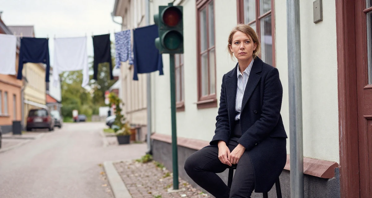 A stoic and strong Female From Finland, studied agricultural economics in their 25, discovering early creative passions, wearing a dark academia inspired outfit, waiting for a light to change in a quaint European street.
