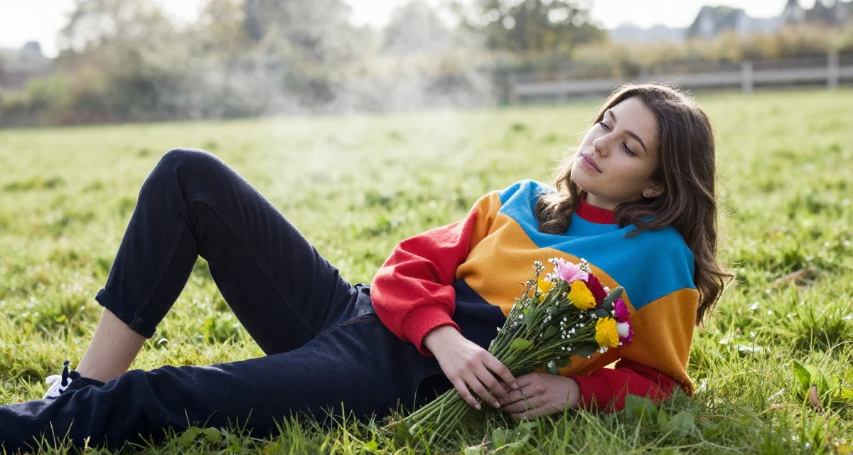 A unbothered Female Raised in the UK, studied marketing strategy in their 21, enjoying the peak of carefree student life, wearing a bold color-block outfit, holding a bouquet in a farm field.