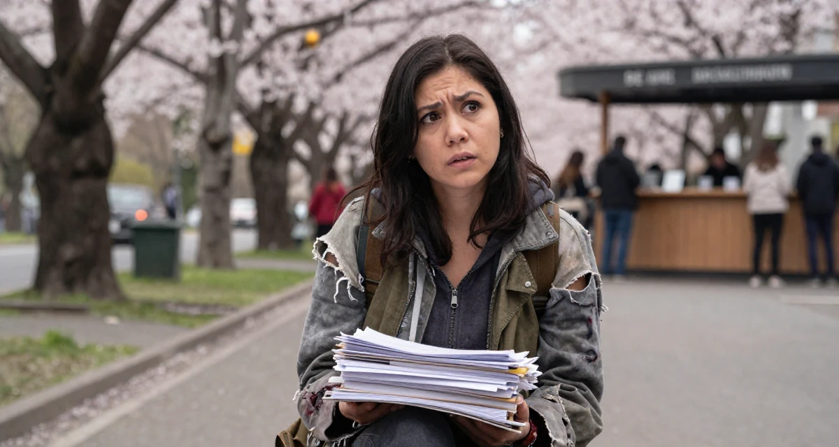 A suspicious Female From the Philippines, majored in mass media in their 31, re-evaluating long-term career goals, wearing a zombie apocalypse survivor gear with torn clothes, carrying a stack of documents in a cherry blossom park.