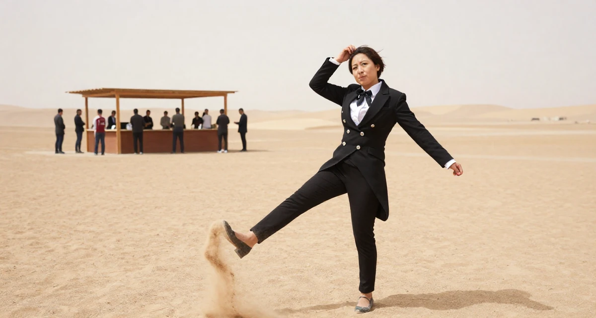 A thoughtful Female Former geography club member, now producing exploration-themed content in their 33, documenting a weight loss and health journey, wearing a circus ringmaster outfit with a tailcoat, kicking up dust playfully in a desert landscape.