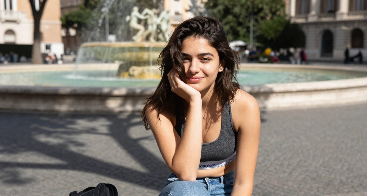 A amused Female From Rome Italy, majored in art history in their 21, enjoying the peak of carefree student life, wearing a classic calvin klein style sports bra and jeans, brushing hair away from the face in a school playground.
