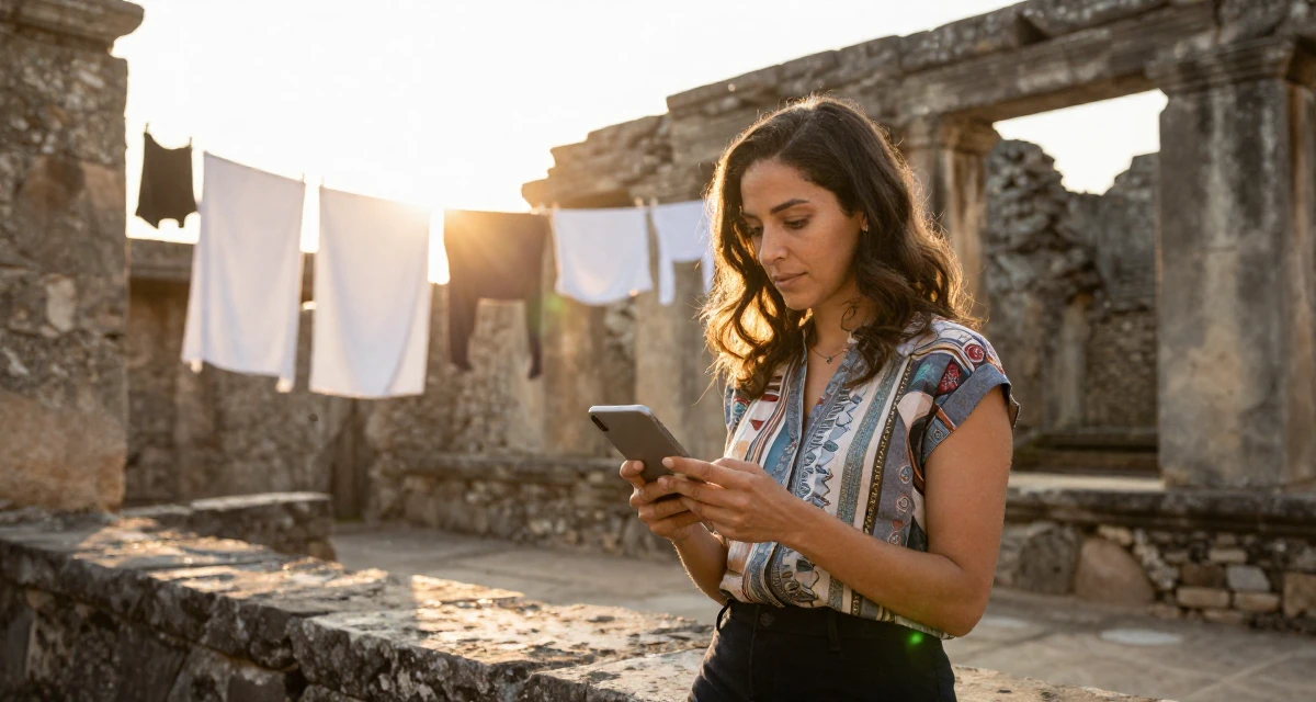 A steady Female From United States, majored in development economics in their 25, demanding respect in professional settings, wearing a artistic layered clothing, scrolling casually in a ancient stone ruins.