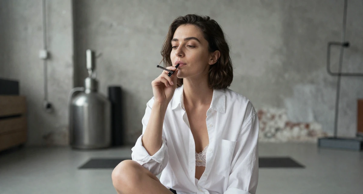 A serene Female From Turkmenistan, studied industrial technology in their 20, buzzing with naive optimism and caffeine energy, wearing a white button-down shirt worn open over a lace bra, chewing on a pen thoughtlessly in a yoga studio.