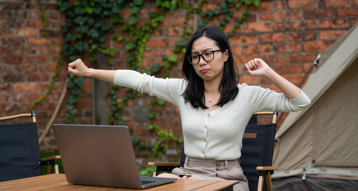A sarcastic Female From Singapore, majored in digital content strategy and visual aesthetics in their 28, dealing with fatigue from years of online performance, wearing a librarian outfit with glasses and a tight cardigan, stretching arms in a camping site.