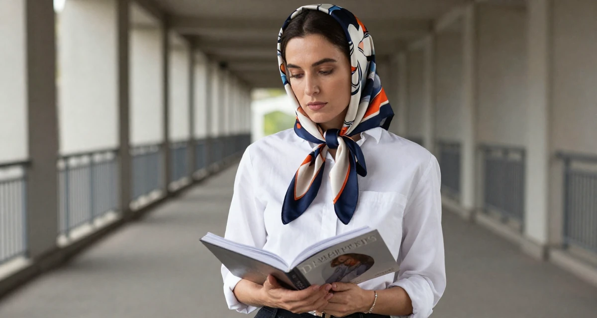 A reflective Female From Hungary, based in Debrecen, graduated from a fashion program majoring in bold thematic styling in their 25, becoming more intentional with time and focus, wearing a silk scarf tied around the neck of a white shirt, turning a page in a bridge walkway.