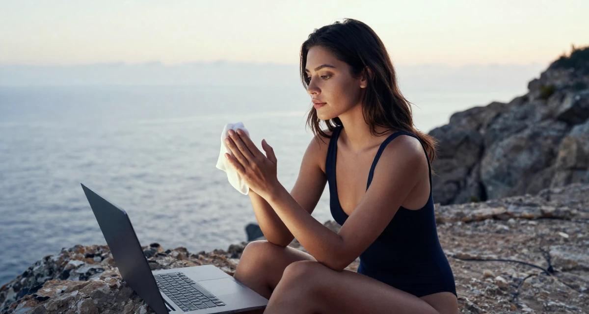 A thoughtful Female Former software engineer at 25, now crafting premium lifestyle content in their 25, learning lighting tricks that highlight sensual curves safely, wearing a sleeveless bodysuit with deep armholes, wiping hands in a rocky ocean cliff.