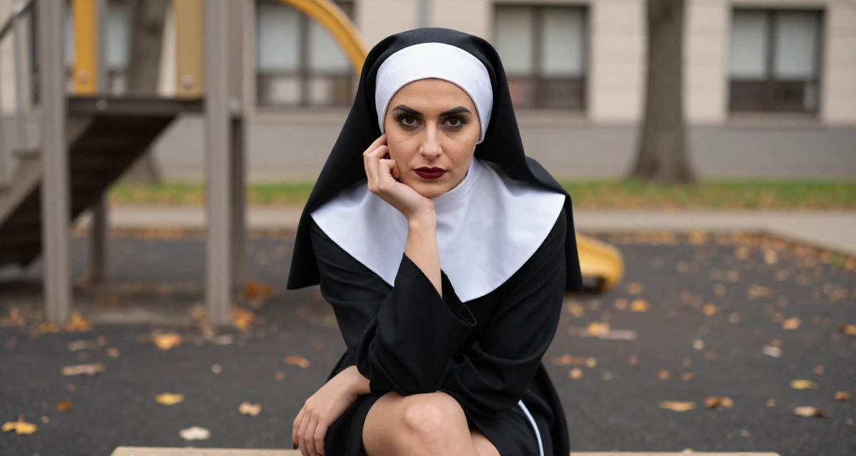 A sensual Female From Spain, has a degree in fine arts in their 25, recognizing the value of mentorship and guidance, wearing a gothic nun habit with a modified short skirt, tucking hair behind an ear in a school playground.