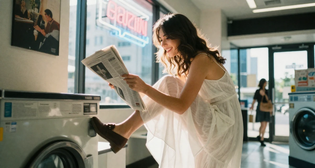 A hopeful Female Former graphic design student, now using visuals for intimate storytelling in their 47, art collector sharing gallery experiences, wearing a semi-sheer white sundress backlit by the sun, holding a newspaper in a laundromat with neon signs.