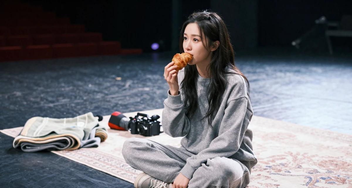 A carefree Female From Nanjing China, picked up videography working backstage at events in their 24, taking creative work more seriously, wearing a relaxed jogger and sweatshirt combo, eating a croissant in a theater stage.