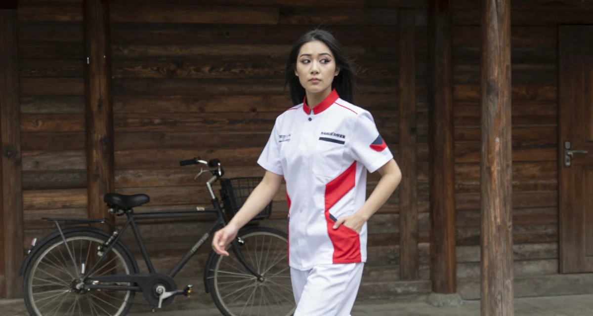 A cheeky Female From Shenzhen China, studied makeup artistry while modeling part-time in their 22, managing new financial responsibilities, wearing a futuristic medic uniform with white and red details, reaching for a pocket in a rustic wooden cabin interior.