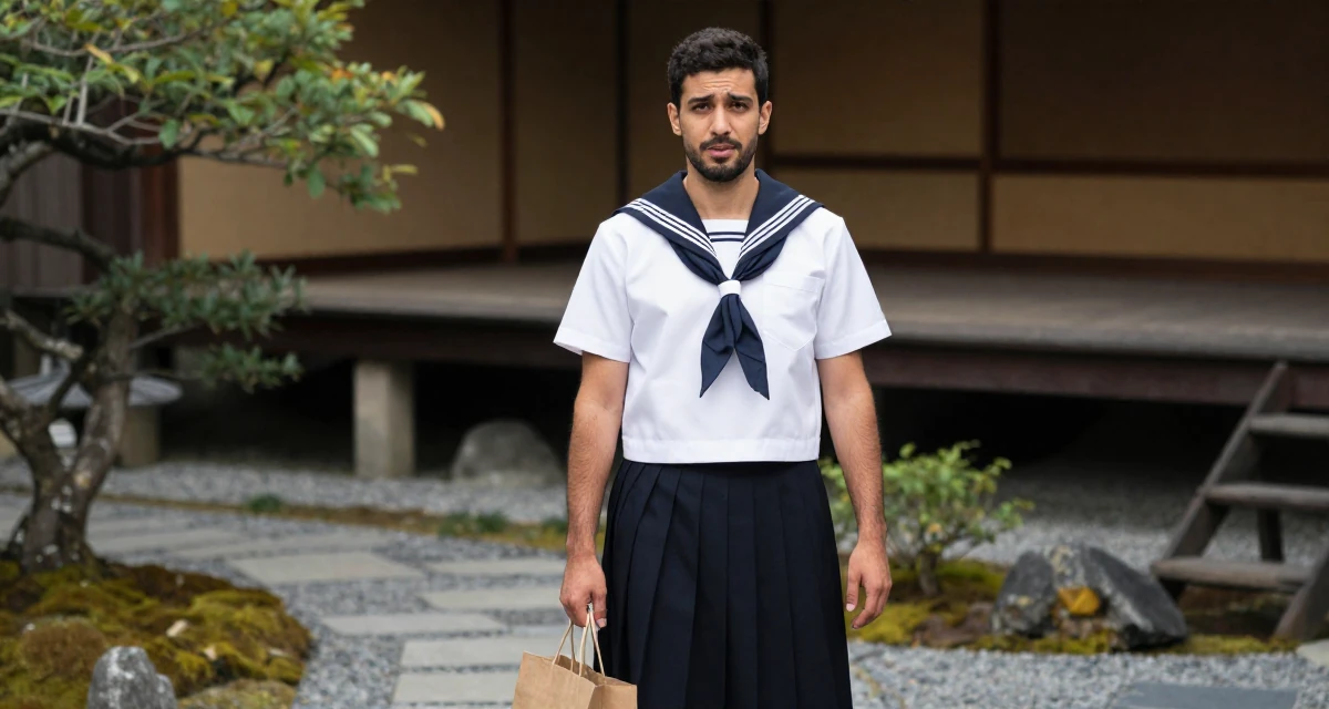 A sentimental male From Palestine, studied community development in their 25, standing tall with newfound self-assurance, wearing a Japanese school sailor uniform (seifuku) with a pleated skirt, holding a shopping bag in a theater stage.