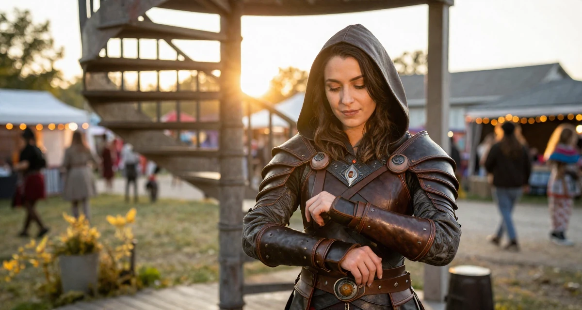 A quietly confident Female From Toronto Canada, studied criminology in their 20, radiating fresh-faced youthful energy, wearing a fantasy rogue leather armor with a hood, adjusting sleeves in a front porch.