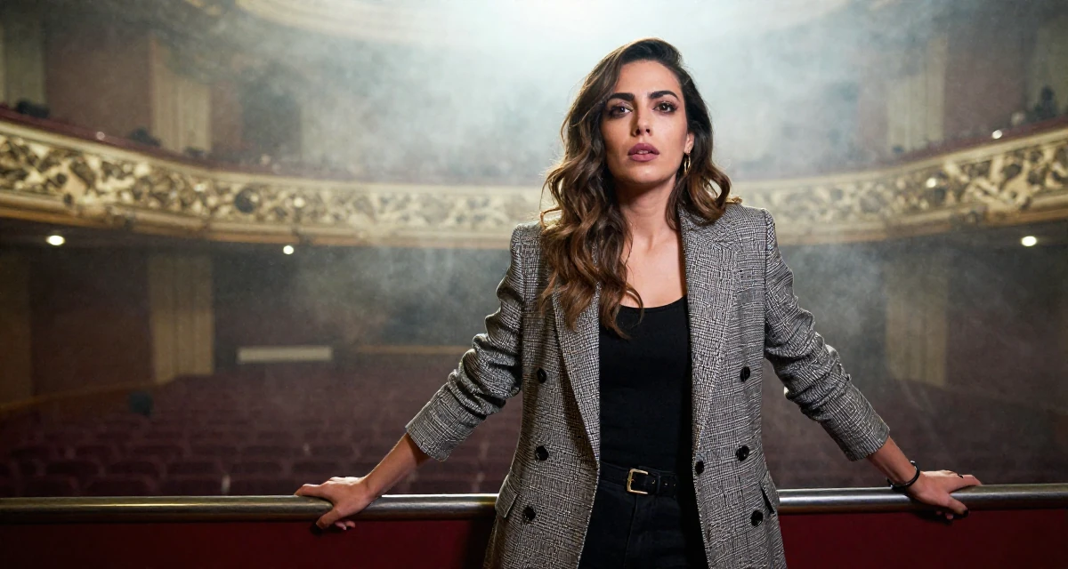 A ambitious Female From Lebanon, majored in digital journalism in their 30, trying to escape corporate burnout, wearing a refined casual Friday look, grabbing a railing for support in a concert hall.