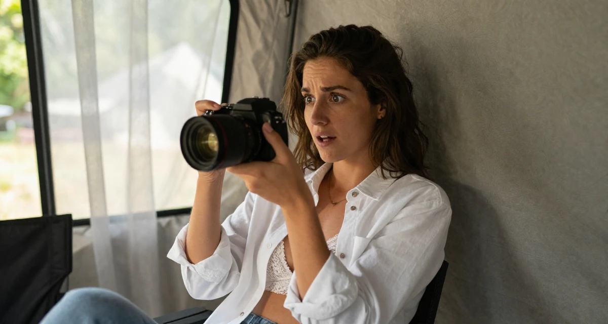 A refreshed Female From Canada, trained in culinary arts in their 25, excited but unsure about how to grow first followers, wearing a white button-down shirt worn open over a lace bra, holding a camera ready to shoot in a camping site.