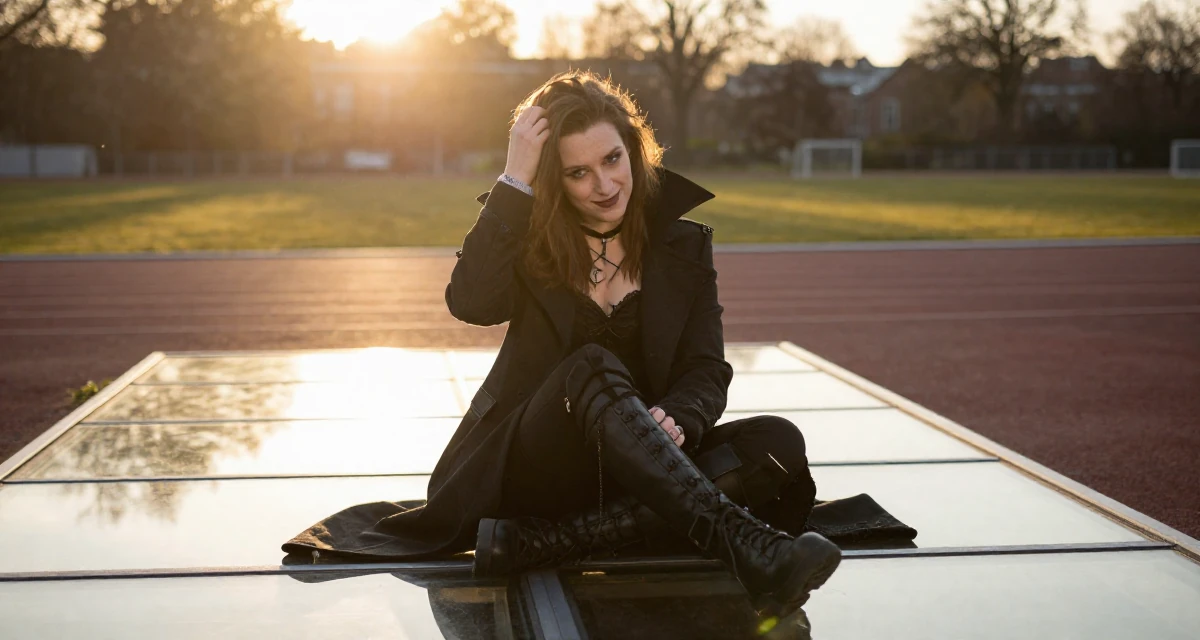 A witty Female From Rotterdam Netherlands, majored in logistics management in their 23, handling occasional negative comments professionally, wearing a gothic vampire hunter outfit with a long coat, scratching a head lightly in a running track.