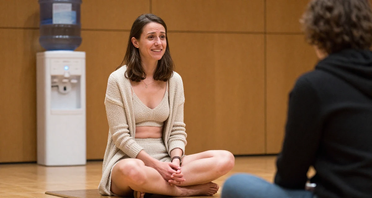 A vulnerable Female From Hungary, majored in economics in their 39, advocating for mental health awareness, wearing a knitted bralette and a matching cardigan with shorts, smiling at a stranger in a concert hall.