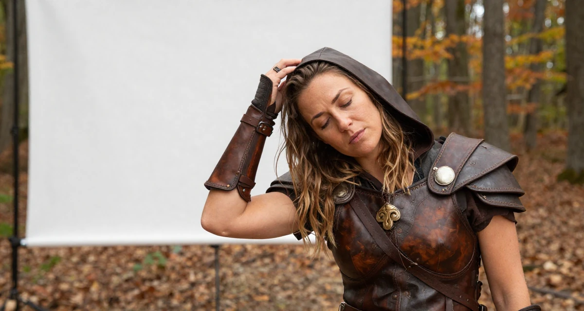 A sleepy Female Once a swim camp counselor, now leaning into beach-centered creator storytelling in their 30, stepping confidently into a new decade of life, wearing a fantasy rogue leather armor with a hood, fixing a loose strand of hair in a autumn forest.