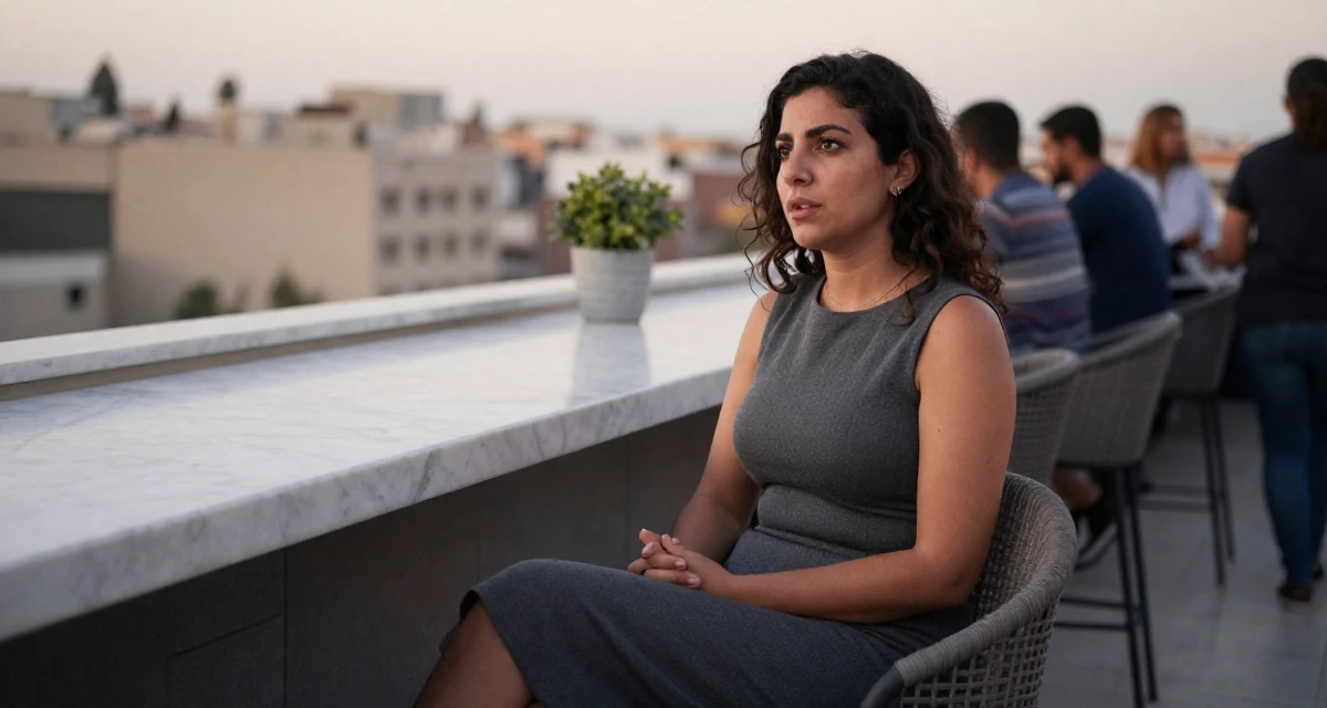 A indifferent Female From Alexandria Egypt, majored in applied arts in their 39, sharing stories of resilience and growth, wearing a sheath dress in charcoal grey that hugs the curves, clasping hands together in a rooftop terrace at sunset.