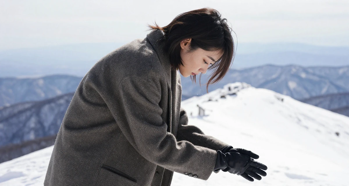 A enigmatic Female From Kyoto Japan, practiced artistic nude photography as self-expression in their 22, trying to grow without losing privacy or sanity, wearing a oversized blazer draped over the shoulders, removing a glove in a snowy mountain peak.