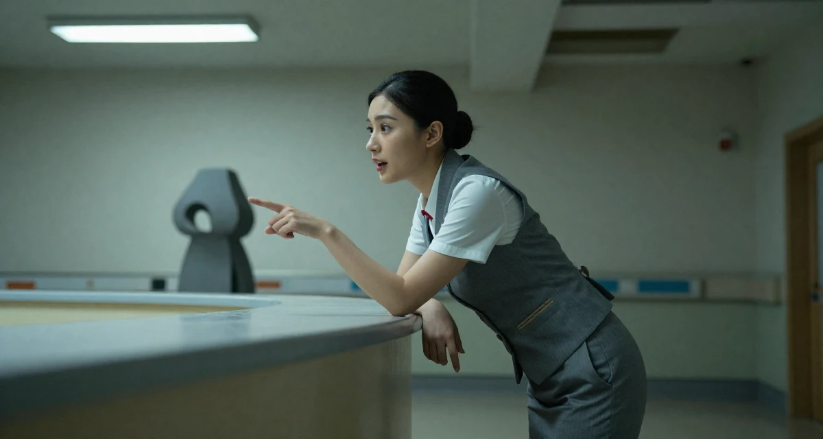 A spirited Female Former hotel housekeeper, now offering intimate behind-the-scenes content in their 25, starting college life away from home, wearing a grey vest and matching trousers outfit, pointing at something nearby in a abandoned hospital.