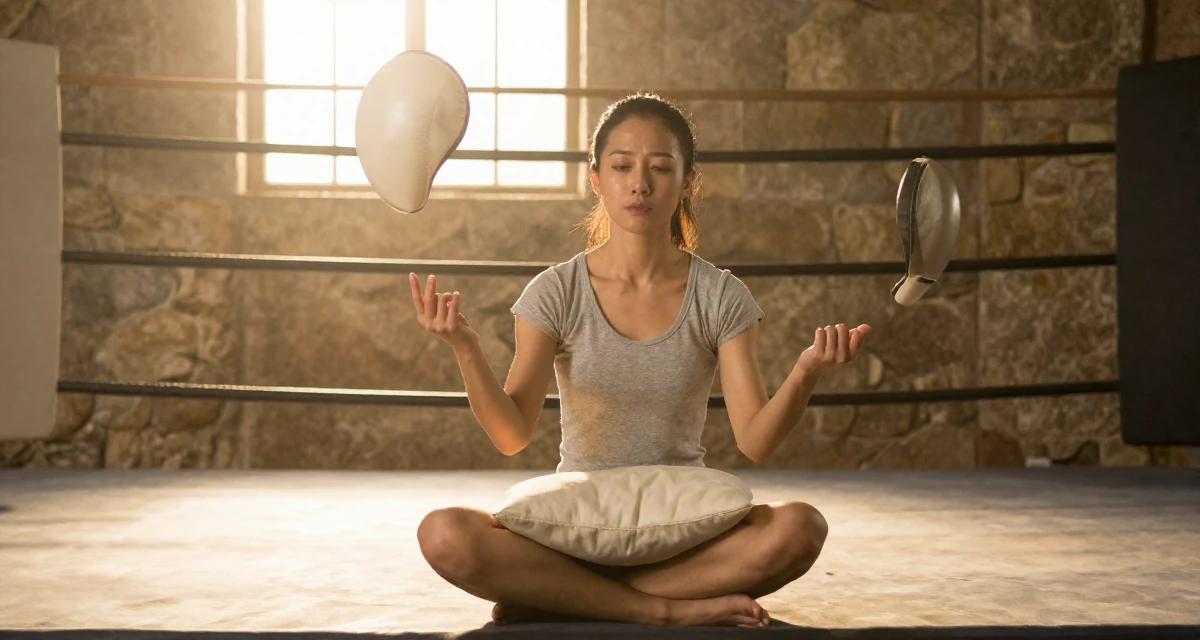 A tired Female From Chinese-speaking regions, majored in marketing analytics in their 43, juggling two jobs, wearing a cotton jersey romper that fits tightly, hugging a pillow or cushion in a boxing ring.