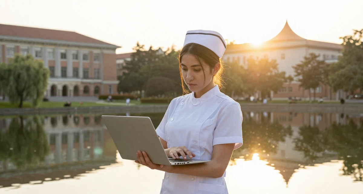 A settled Female From Portugal, majored in architecture in their 25, starting college life away from home, wearing a nurse cosplay uniform with a stylized cap, typing on a laptop in a university campus.