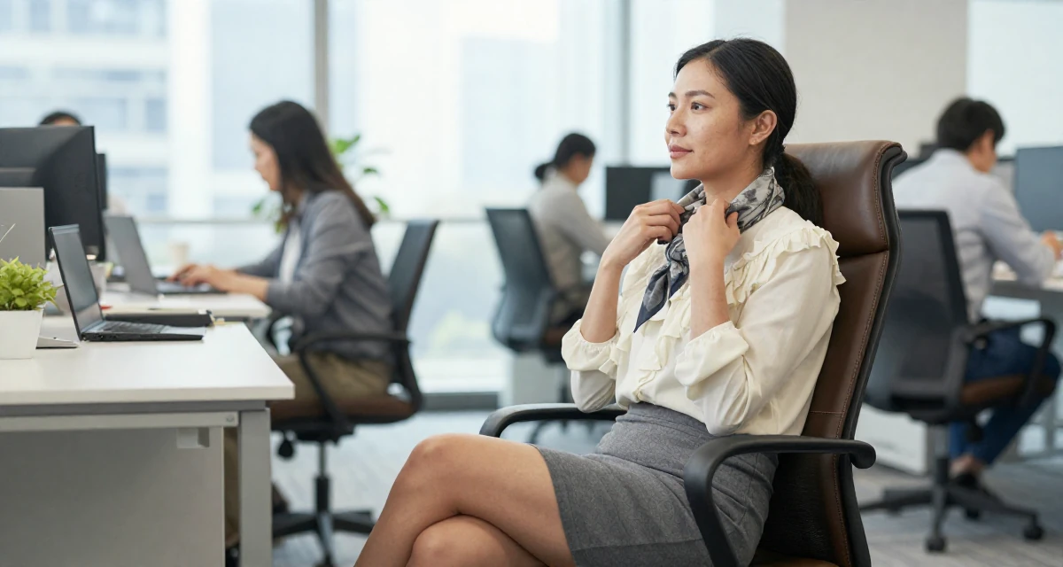 A zen-like Female Former geography club member, now producing exploration-themed content in their 47, expert in navigating difficult conversations, wearing a ruffled blouse tucked into a tight mini skirt, adjusting a scarf in a busy coworking space.