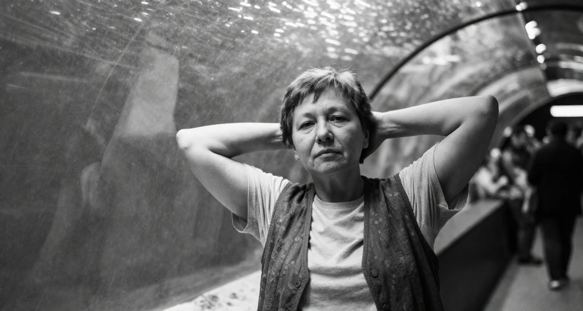 A thoughtfully silent Female From Russia, majored in international trade in their 50, golden jubilee celebration of life, wearing a casual vest and t-shirt layer, cracking knuckles in a aquarium tunnel.