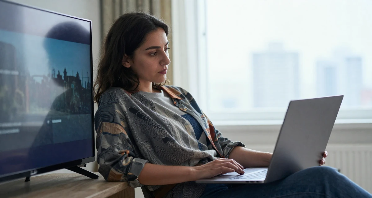 A nostalgic Female From Azerbaijan, majored in petroleum engineering in their 24, prioritizing mental health over the grind, wearing a artistic layered clothing, holding a laptop in a tv set.