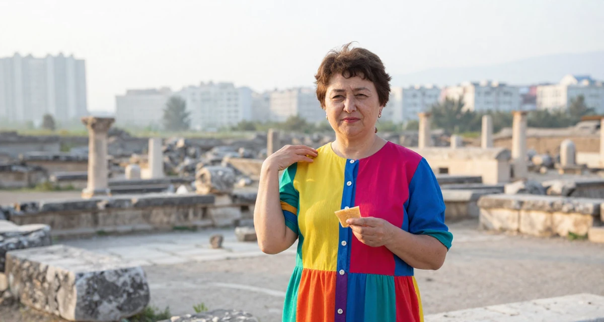 A smirking Female Raised in Kazakhstan, majored in global business in their 47, navigating the challenges of the sandwich generation, wearing a bold color-block outfit, holding a snack in a ancient stone ruins.