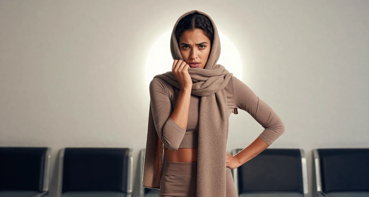 A seductive Female From Manchester United Kingdom, studied sports science in their 23, masking anxiety behind playful posts, wearing a muted earth-tone clothing set, wrapping a scarf around the neck in a waiting room.