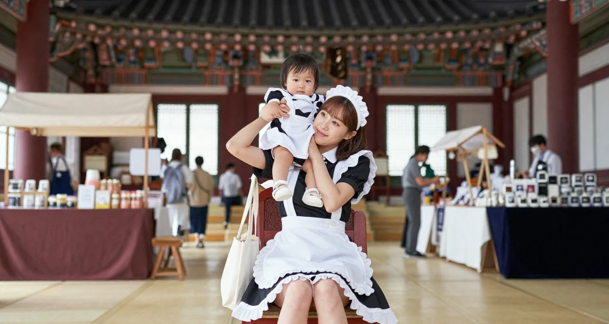 A softly smiling Female From South Korea, based in Jeju, graduated from a fashion school majoring in body language aesthetics in their 35, raising a toddler while building a business, wearing a maid outfit with a white apron and ruffled headband, carrying a tote bag in a royal palace throne room.