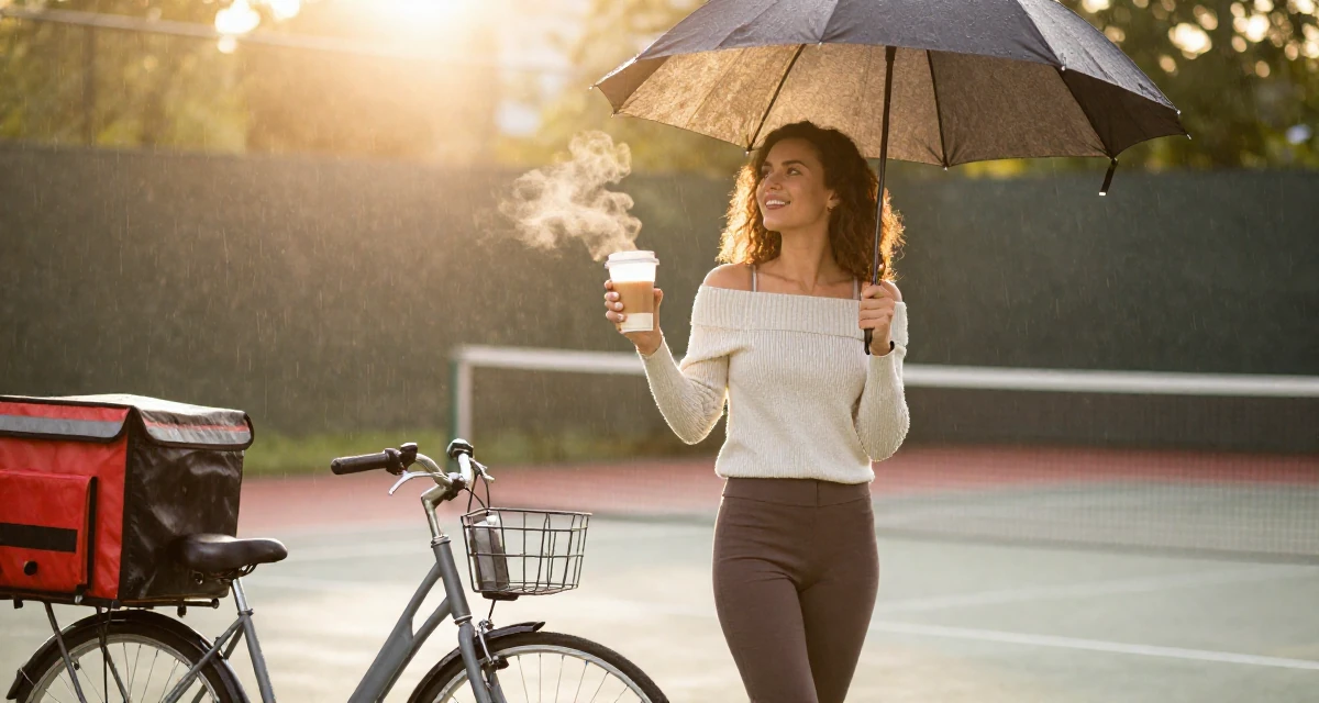 A enthusiastic Female Former food delivery biker, now exploring creator freedom in their 23, becoming skilled at angles that highlight confidence, wearing a off-the-shoulder knit top and fitted trousers, shaking rain off an umbrella in a tennis court.