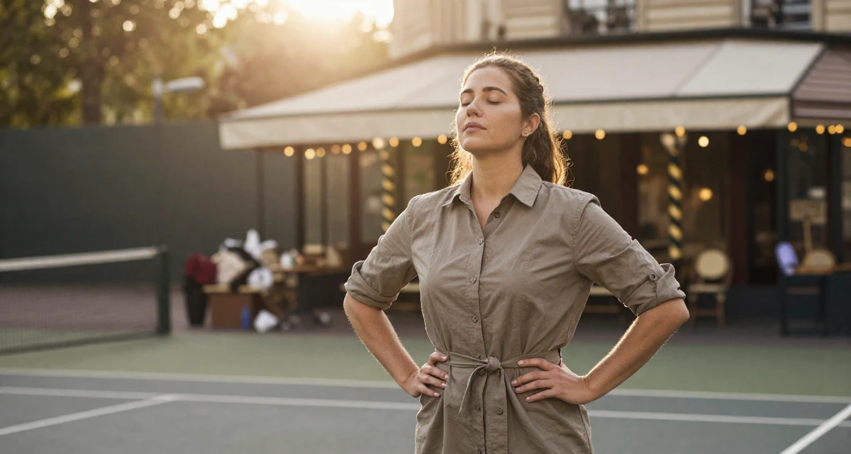 A resolute Female Once a delivery driver, now a confidence-focused body-positive creator in their 45, focusing on mental clarity and meditation, wearing a belted shirt dress with rolled sleeves, taking a deep breath in a tennis court.