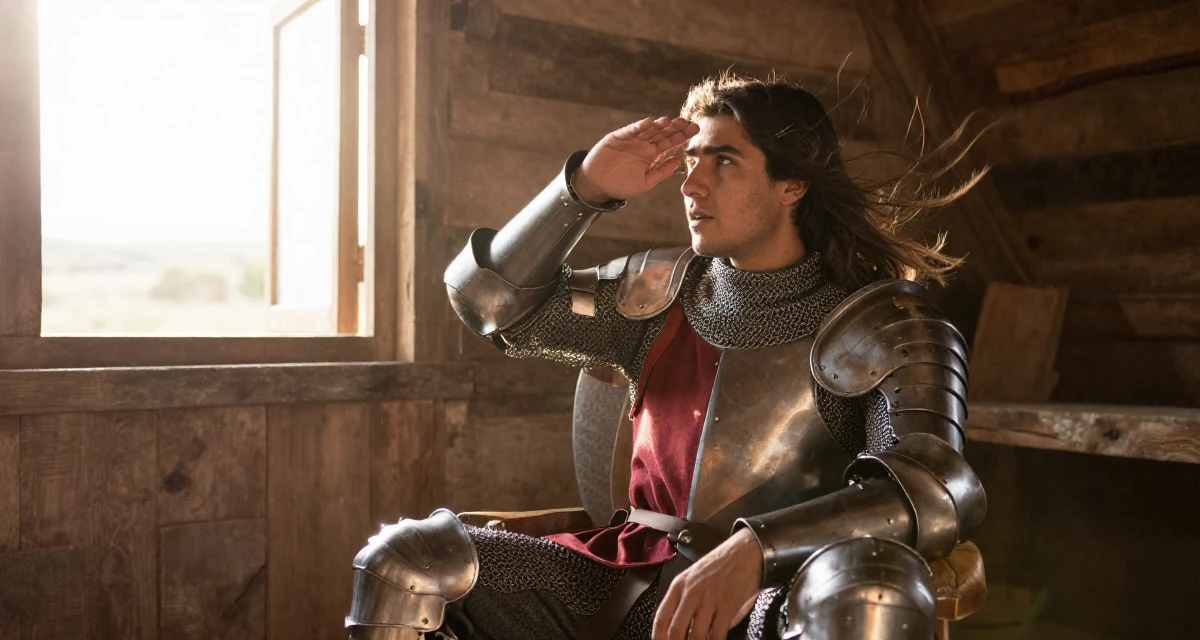 A content male From Peru, based in Arequipa, graduated from a local university majoring in business communication in their 22, joining creator communities for tips and support, wearing a female knight armor with a tabard and chainmail, shielding face from the wind in a rustic wooden cabin interior.