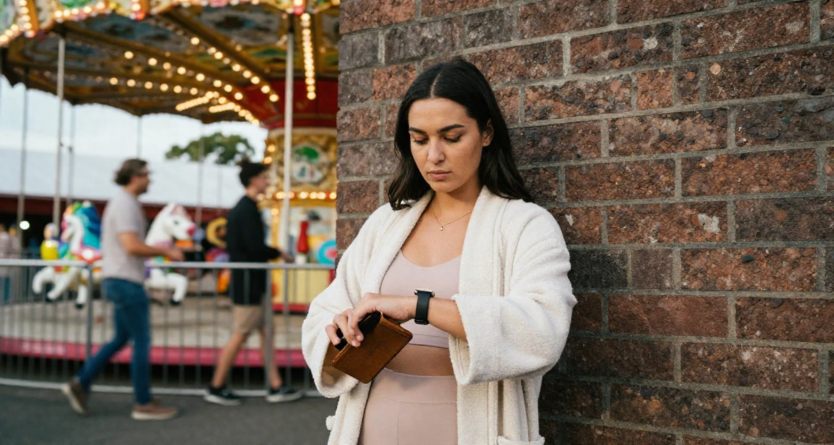 A relaxed and observant Female From New Zealand, based in Auckland, graduated from an arts college majoring in emotional performance art in their 23, wearing smart casual and checking a watch, wearing a soft cotton underwear set worn with an open robe, checking a wallet in a carnival with rides.