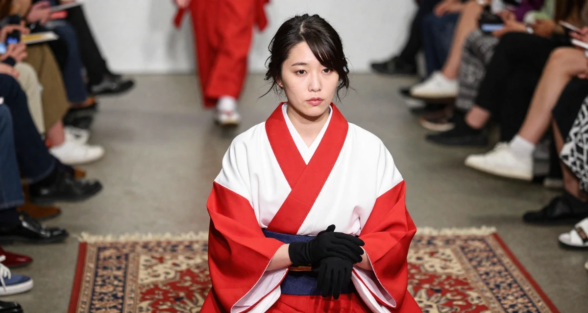 A distracted Female Once a high-school English tutor, now exploring sensual storytelling in their 39, preparing for a new chapter in a new city, wearing a traditional Japanese miko priestess robe in red and white, removing a glove in a fashion runway.