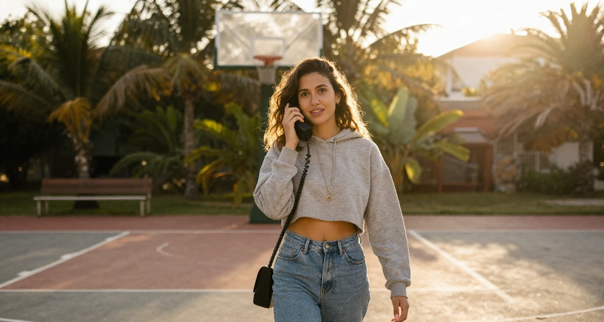 A softly smiling Female From Portugal, studied marine sciences in their 25, excited but unsure about how to grow first followers, wearing a cropped hoodie showing midriff and low-rise jeans, fiddling with a necklace in a basketball court.