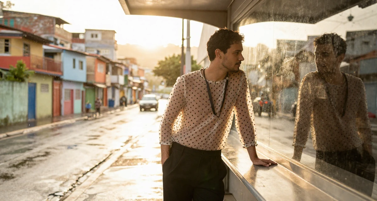 A placid male Former swim instructor, now producing sun-soaked lifestyle content in their 25, establishing a distinct personal brand, wearing a sheer polka dot blouse and black trousers, checking a reflection in a window in a bus stop in the rain.
