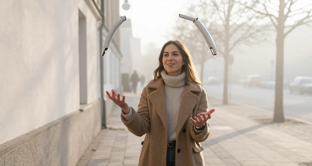 A optimistic Female From Denmark, majored in data analytics in their 43, juggling two jobs, wearing a warm winter layered look, biting the lower lip softly in a pedestrian plaza.