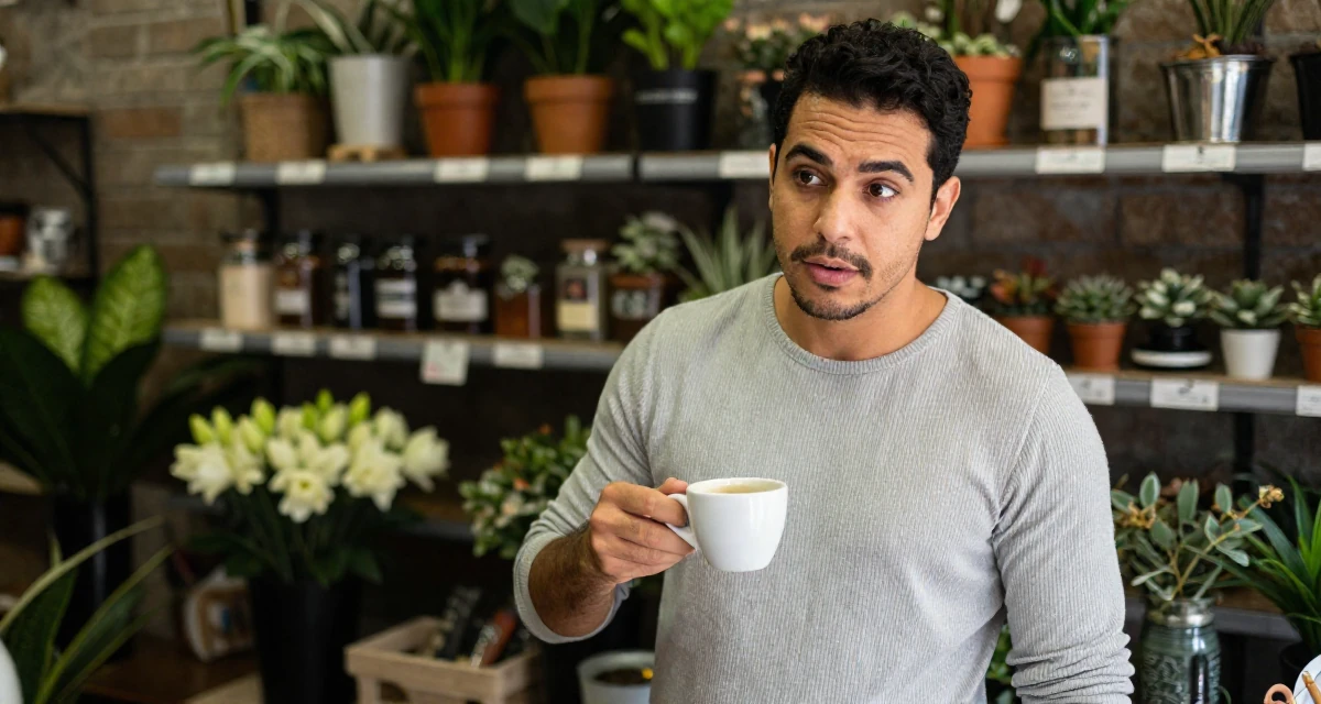 A subtly surprised male From Brazil, based in Curitiba, graduated from a regional college majoring in advertising design in their 34, refining personal style to be timeless, wearing a ribbed lounge set that hugs the curves, holding a cup of coffee in a flower shop.